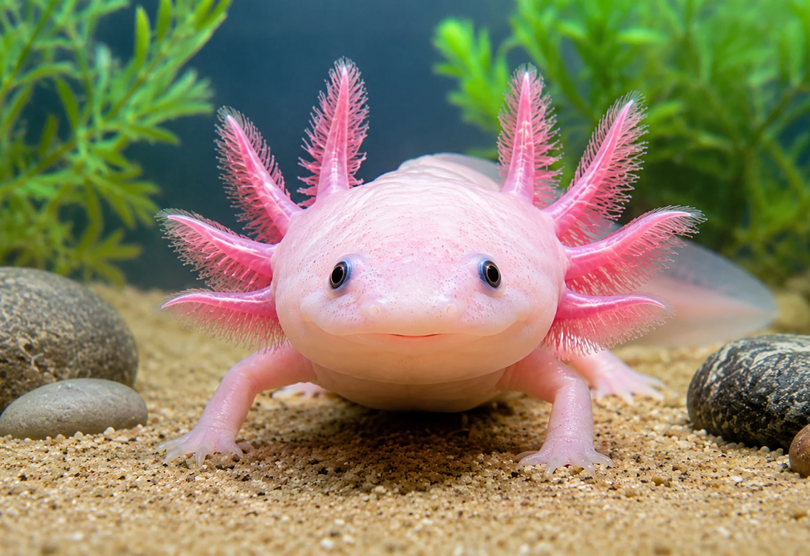 Realistic image of a leucistic axolotl in a planted aquarium